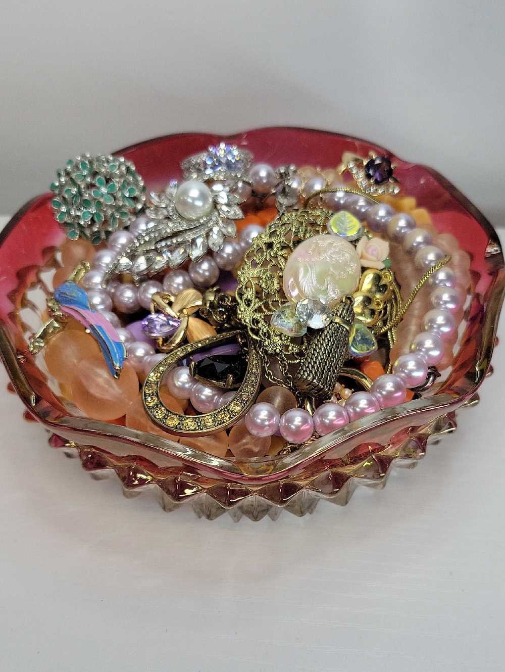 Vtg Indiana Glass Cranberry Flash Diamond Point Bowl With Assorted Jewelry